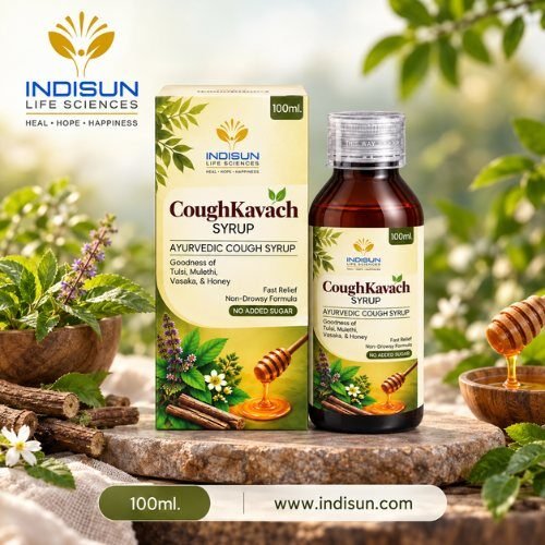CoughKavach Syrup bottle and carton — ayurvedic cough syrup with Tulsi, Mulethi, Vasaka and Honey, 100 ml