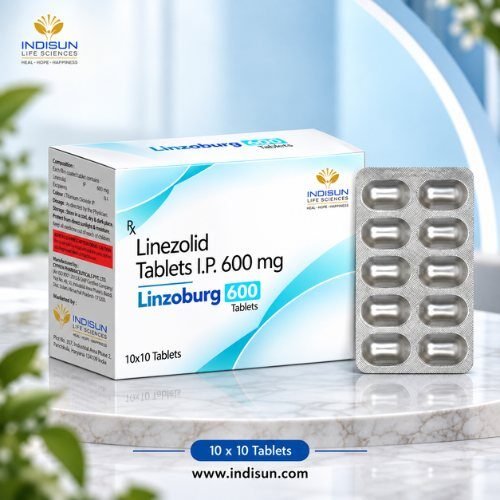 Linzoburg 600 carton and blister — Linezolid Tablets IP 600 mg, 10x10 tablets