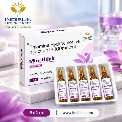 Minothiak injection ampoules and carton — Thiamine Hydrochloride Injection IP 100 mg/ml, 5x2 ml